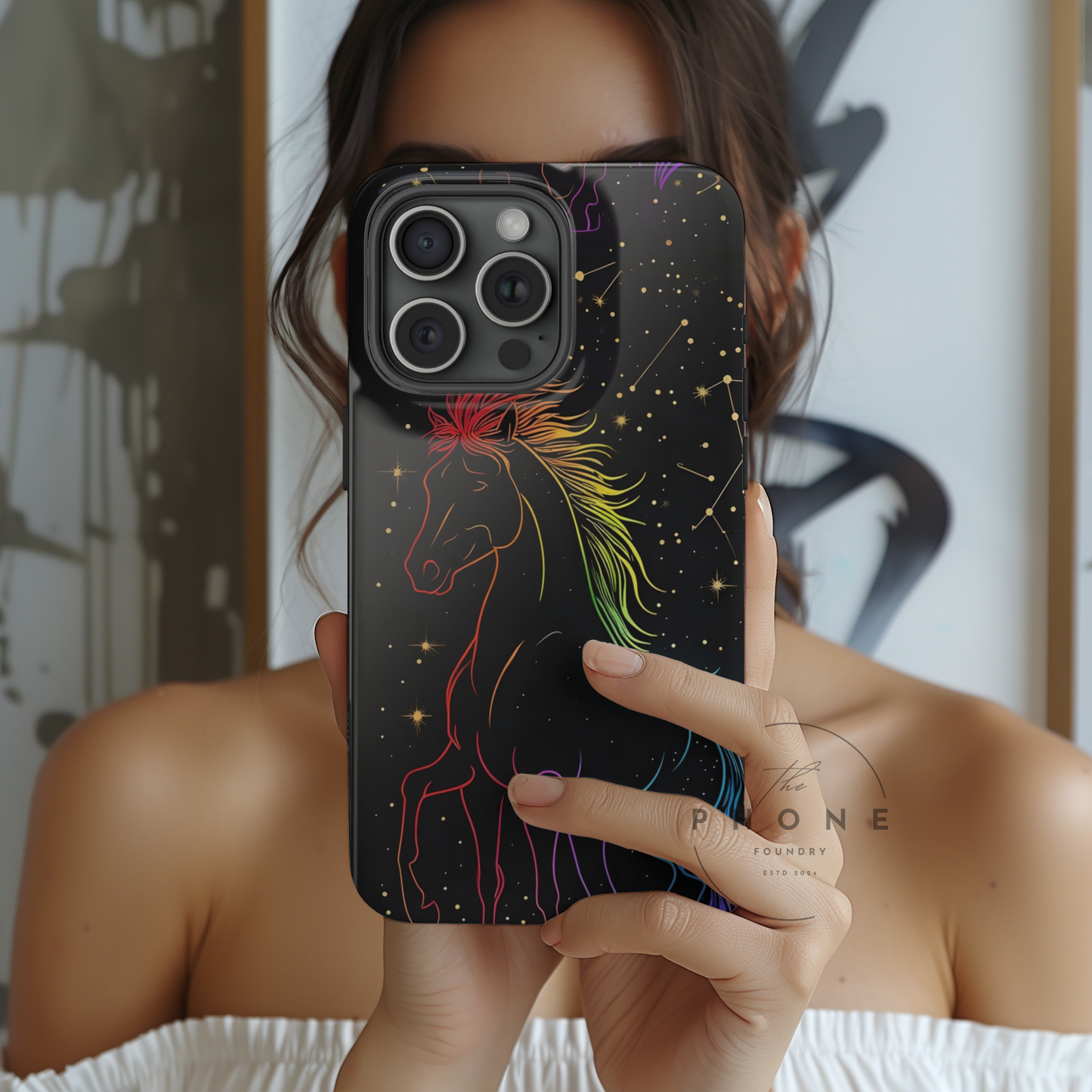 Year of the Horse Neon Art Slim Phone Case, Chinese Zodiac 2026 Design, compatible with iPhone 17 16 15 14 13 12 11