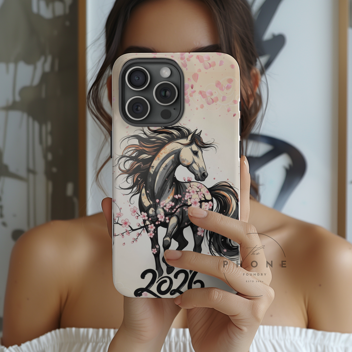 Year of the Horse Floral Art Magnetic Phone Case, Chinese Zodiac 2026 Design, compatible with iPhone 17 16 15 14 13