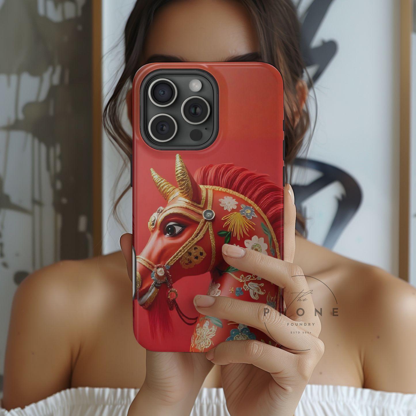 Year of the Horse Floral Art Slim Phone Case, Chinese Zodiac 2026 Design, compatible with iPhone 17 16 15 14 13 12 11