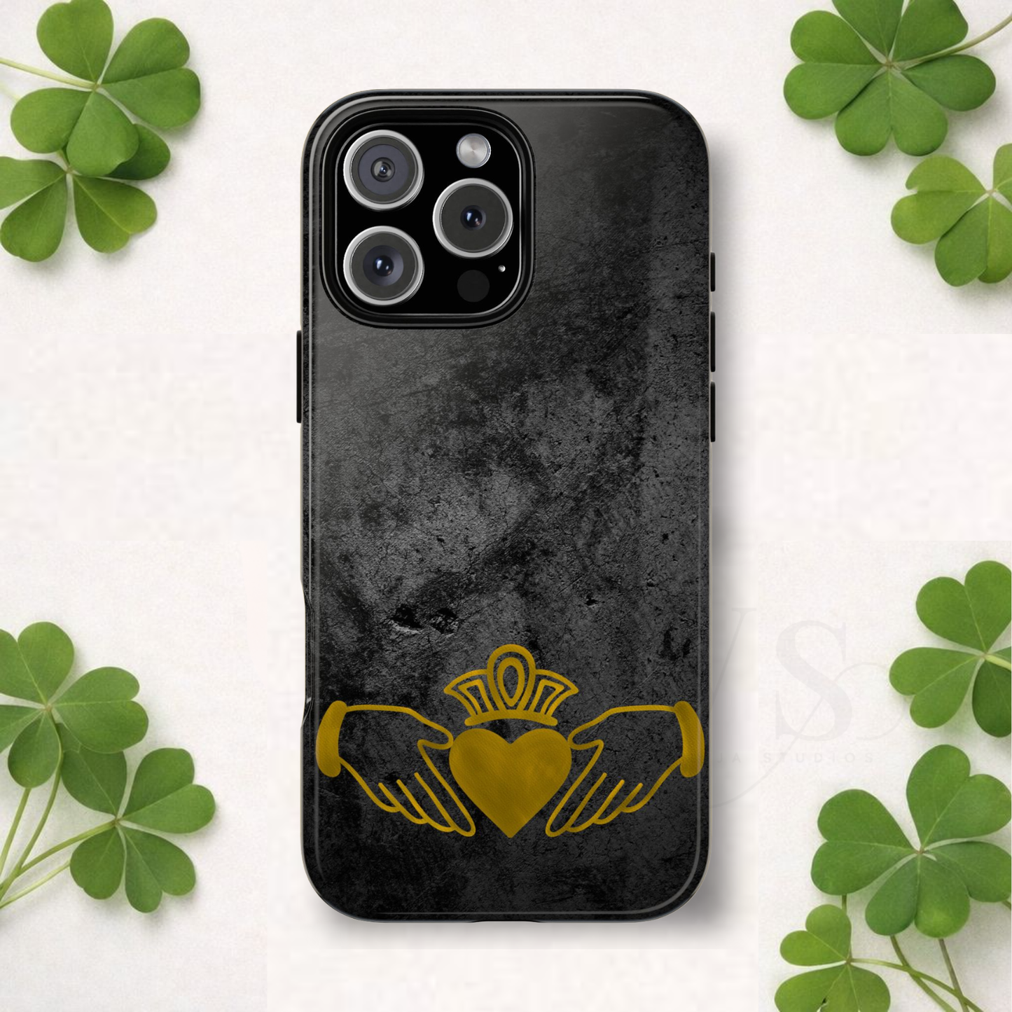 Claddagh Tough Phone Case Irish Symbol Ring Black Gold Design Love Loyalty Friendship Compatible with iPhone 17 16 15 14 13 Galaxy Google