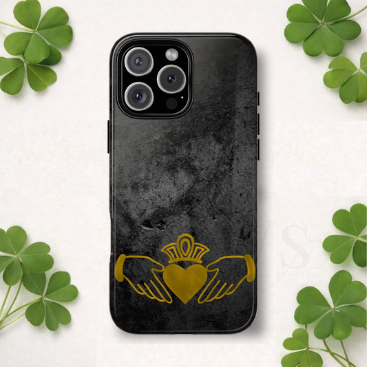 Claddagh Tough Phone Case Irish Symbol Ring Black Gold Design Love Loyalty Friendship Compatible with iPhone 17 16 15 14 13 Galaxy Google
