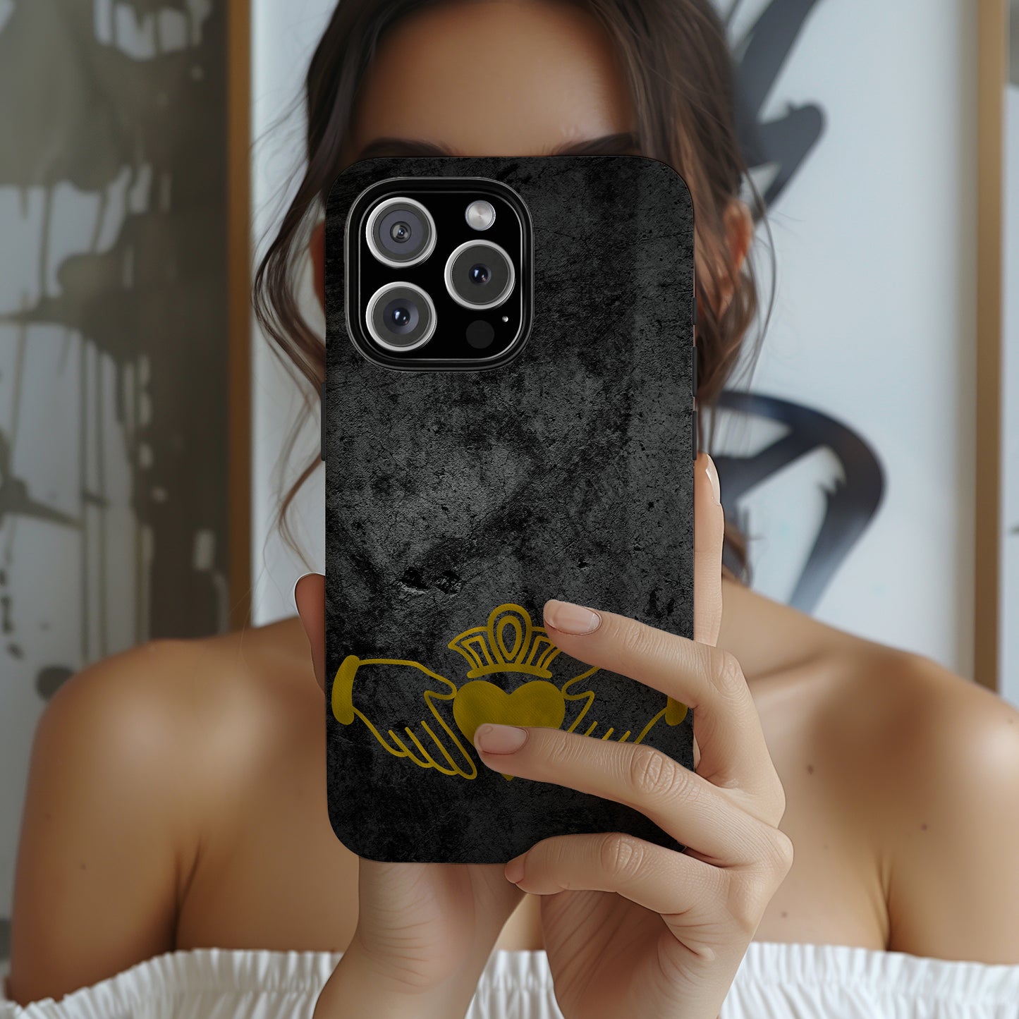 Claddagh Tough Phone Case Irish Symbol Ring Black Gold Design Love Loyalty Friendship Compatible with iPhone 17 16 15 14 13 Galaxy Google