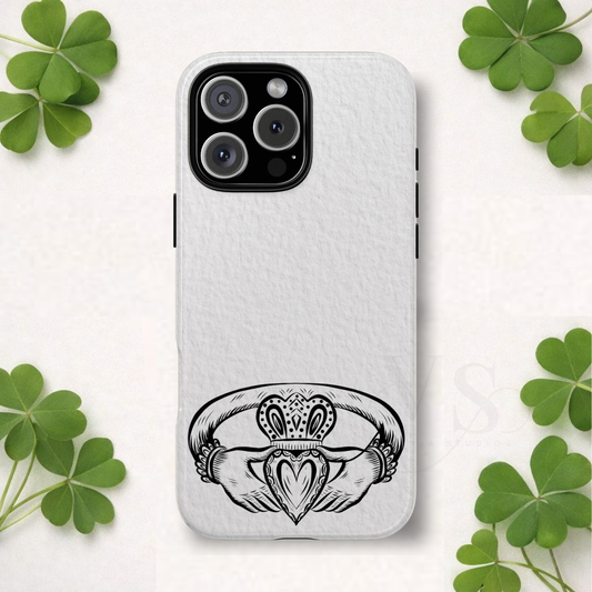 Claddagh Tough Phone Case Irish Symbol Ring Minimal Black White Design Love Loyalty Friendship Compatible with iPhone 17 16 15 14 13 Galaxy Google