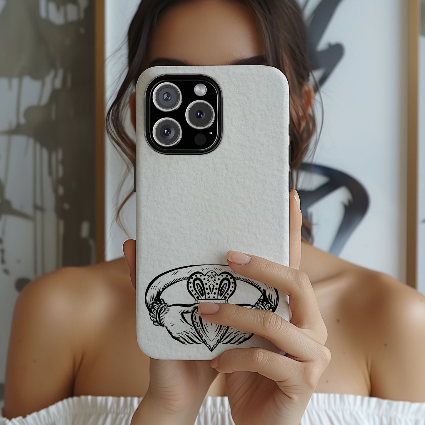 Claddagh Tough Phone Case Irish Symbol Ring Minimal Black White Design Love Loyalty Friendship Compatible with iPhone 17 16 15 14 13 Galaxy Google