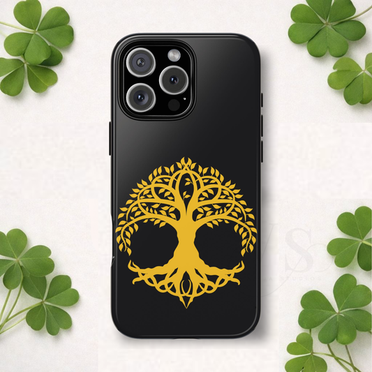 Tree of Life Tough Phone Case Celtic Symbol Gold Black Spiritual Family Roots Compatible with iPhone 17 16 15 14 13 Galaxy Google