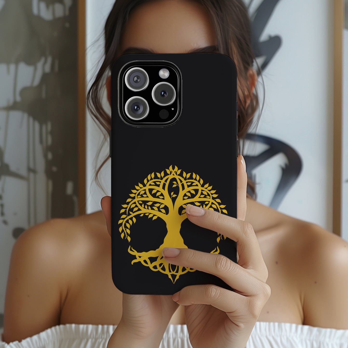 Tree of Life Tough Phone Case Celtic Symbol Gold Black Spiritual Family Roots Compatible with iPhone 17 16 15 14 13 Galaxy Google
