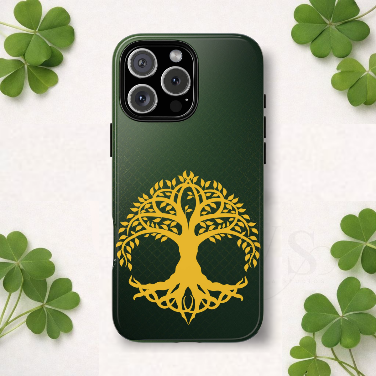 Celtic Tree of Life Tough Phone Case Emerald Gold Irish Symbol Cover iPhone 17 16 15 14 13 Galaxy Google