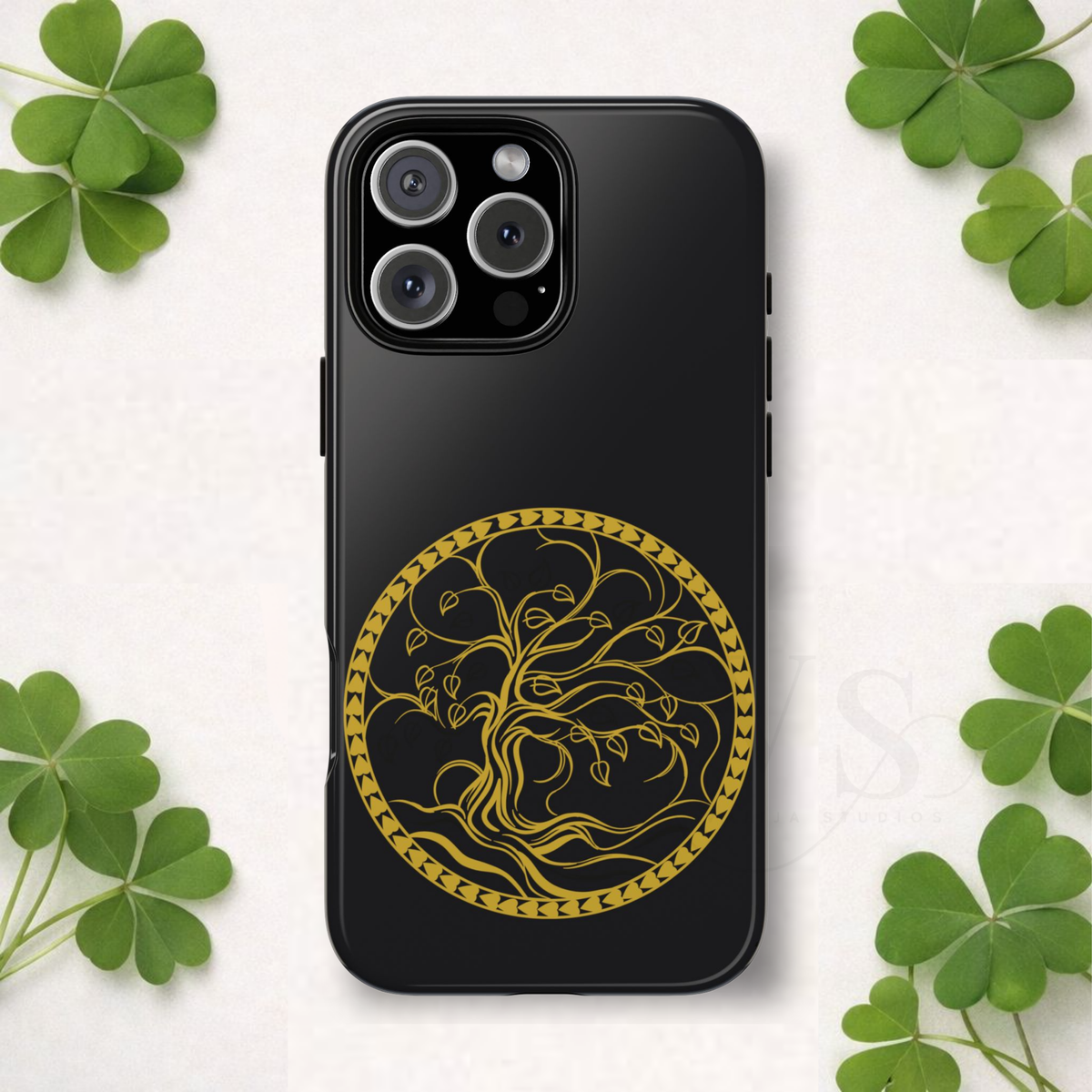 Tree of Life Tough Phone Case Celtic Medallion Gold Black iPhone 17 16 15 14 13 Galaxy Google
