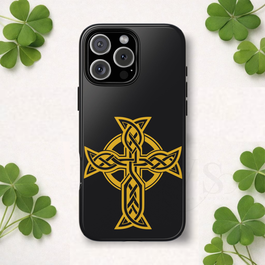 Celtic Cross Tough Phone Case Irish Knot Symbol Gold Black iPhone 17 16 15 14 13 Galaxy Google