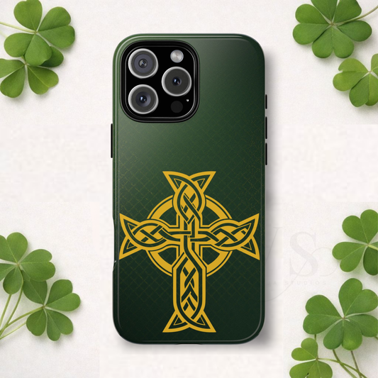 Celtic Cross Tough Phone Case Irish Knot Symbol Emerald Gold iPhone 17 16 15 14 13 Galaxy Google