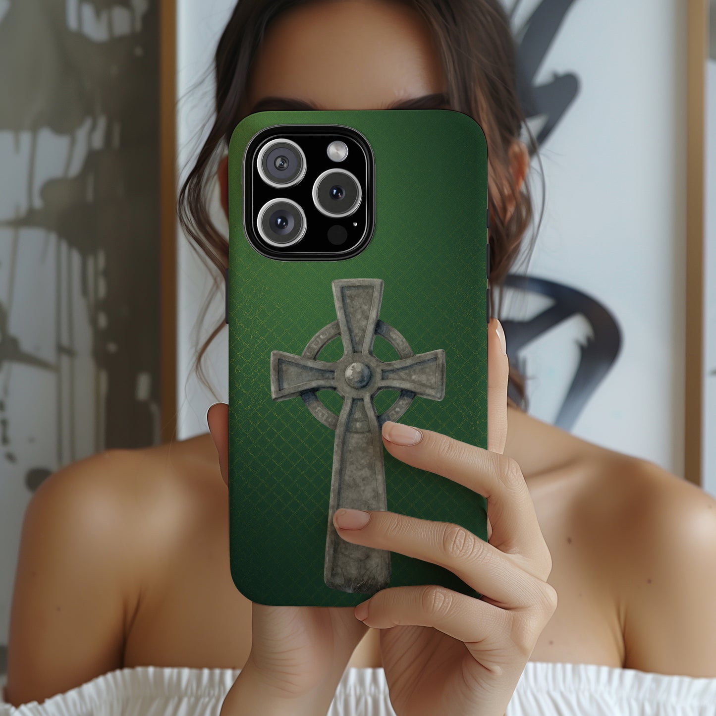 Stone Celtic Cross Tough Phone Case Emerald Irish Heritage Symbol Compatible with iPhone 17 16 15 14 13 Galaxy Google