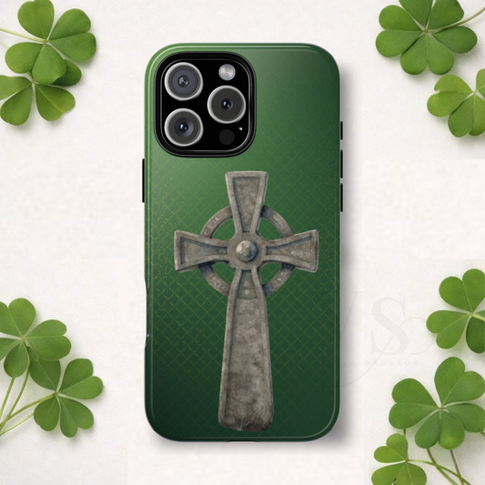Stone Celtic Cross Tough Phone Case Emerald Irish Heritage Symbol Compatible with iPhone 17 16 15 14 13 Galaxy Google
