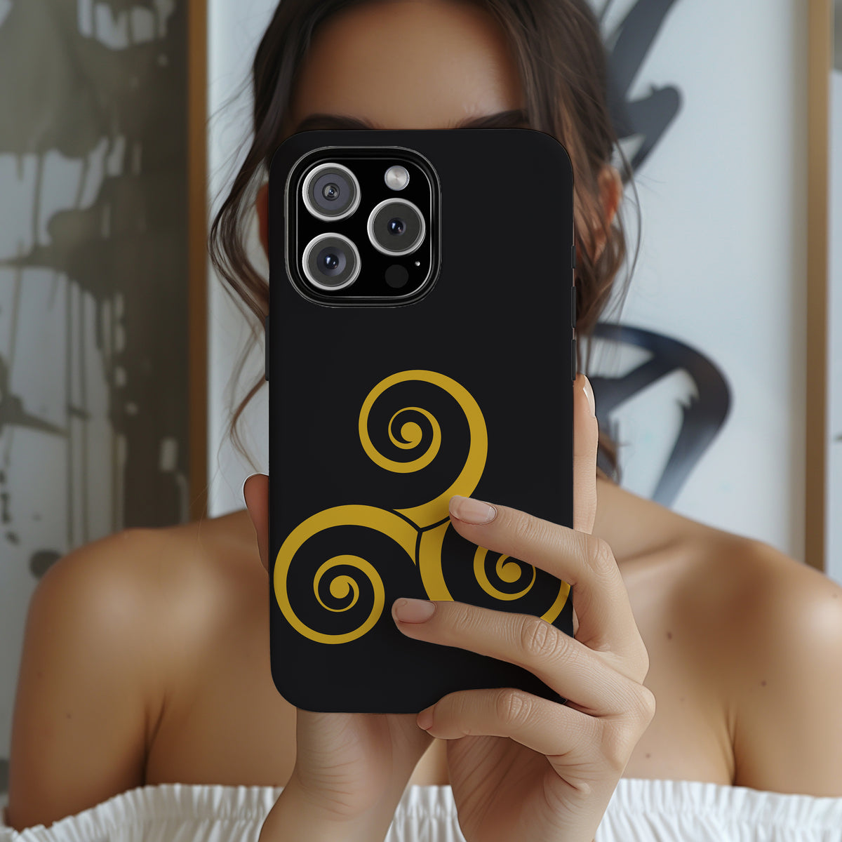 Gold Triskelion Tough Phone Case Celtic Spiral Irish Symbol Compatible with iPhone 17 16 15 14 13 Galaxy Google