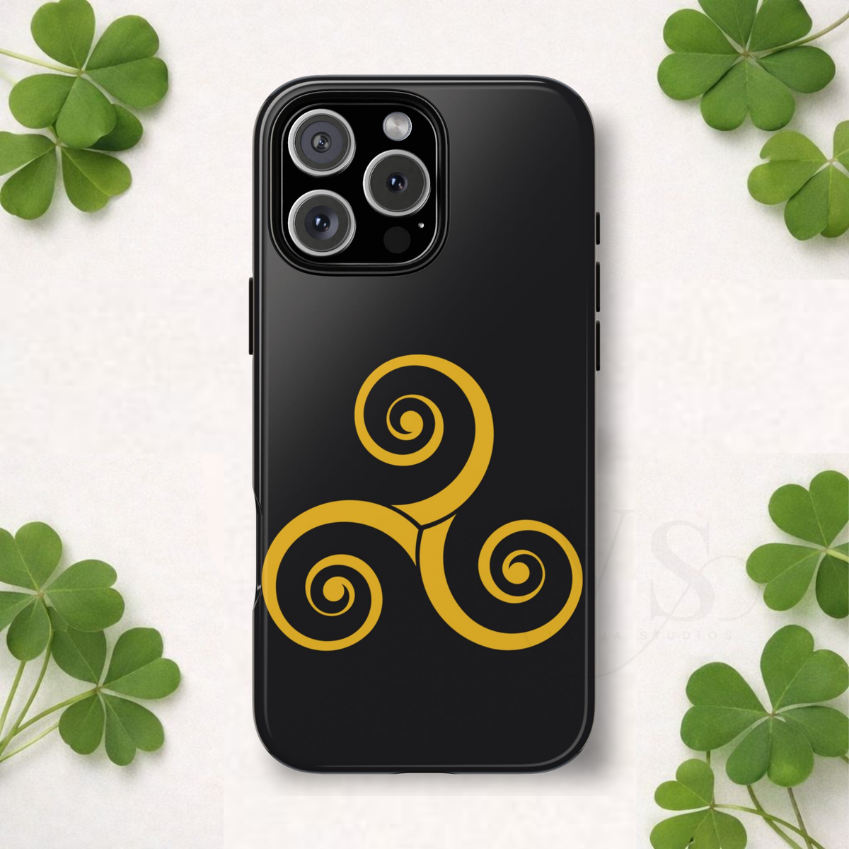 Gold Triskelion Tough Phone Case Celtic Spiral Irish Symbol Compatible with iPhone 17 16 15 14 13 Galaxy Google