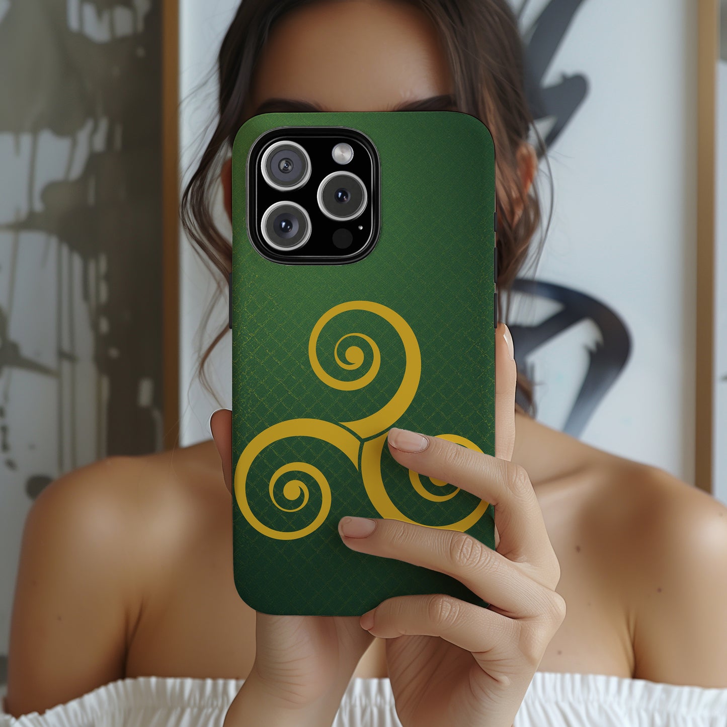 Gold Triskelion Tough Phone Case Celtic Spiral Irish Symbol Emerald Green Compatible with iPhone 17 16 15 14 13 Galaxy Google