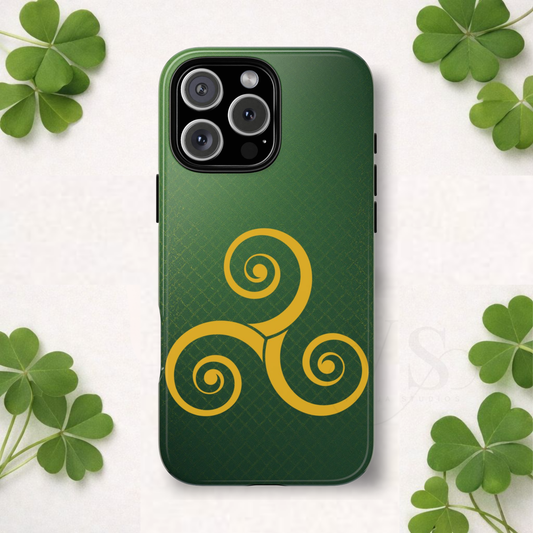 Gold Triskelion Tough Phone Case Celtic Spiral Irish Symbol Emerald Green Compatible with iPhone 17 16 15 14 13 Galaxy Google