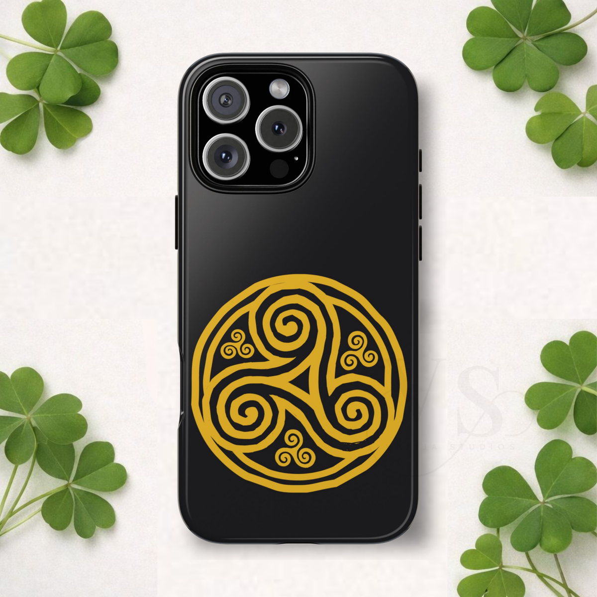 Gold Triskelion Medallion Tough Phone Case Celtic Spiral Irish Symbol Black Compatible with iPhone 17 16 15 14 13 Galaxy Google