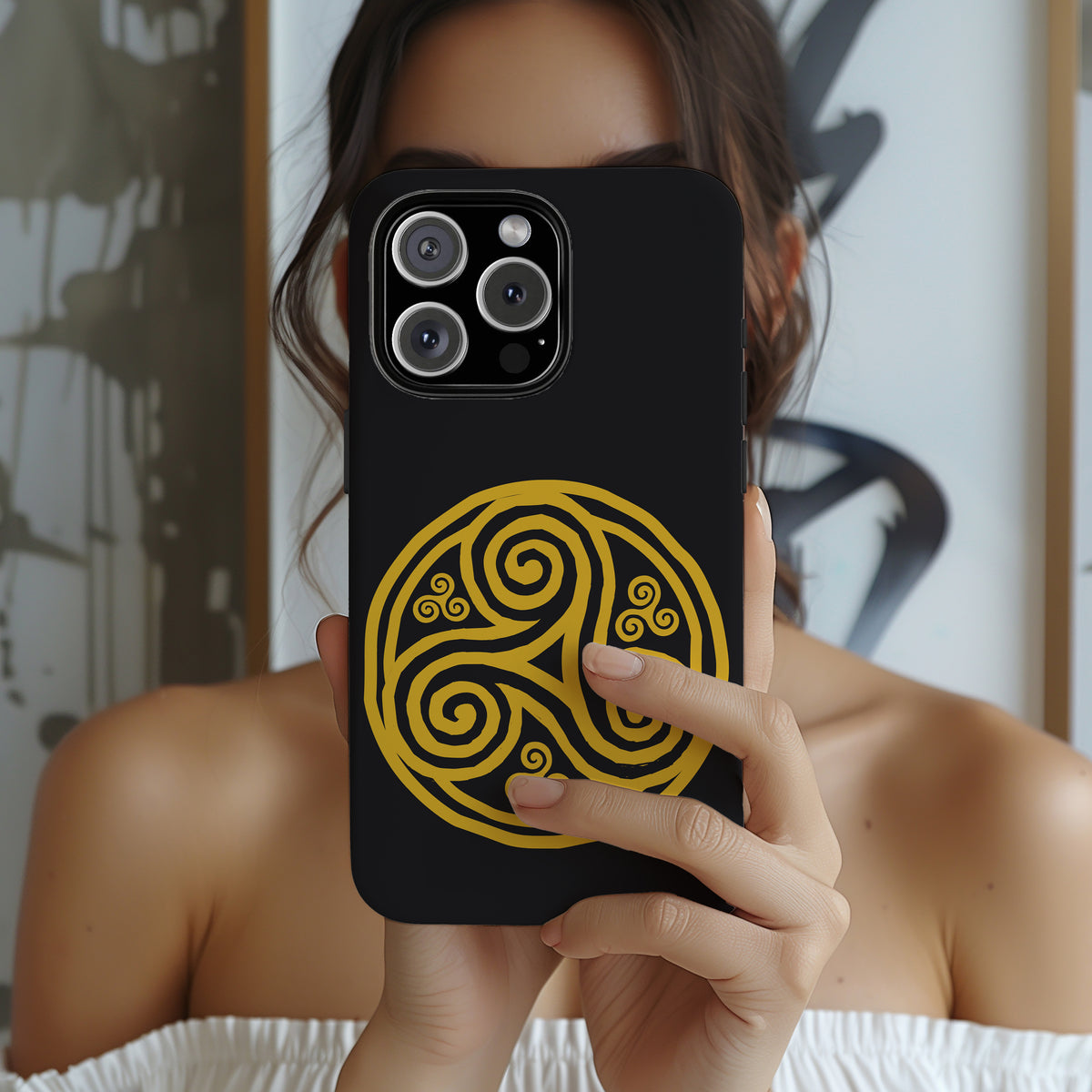 Gold Triskelion Medallion Tough Phone Case Celtic Spiral Irish Symbol Black Compatible with iPhone 17 16 15 14 13 Galaxy Google
