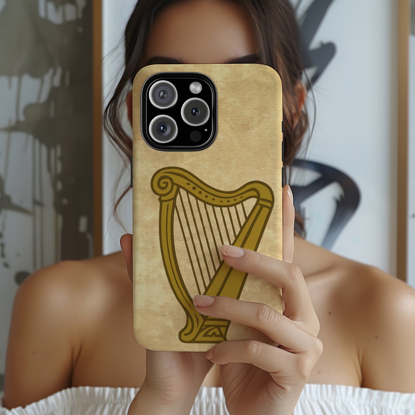 Irish Harp Tough Phone Case Manuscript Celtic Ireland Heritage Symbol Compatible with iPhone 17 16 15 14 13 12 11 Pro Max Galaxy Google Pixel