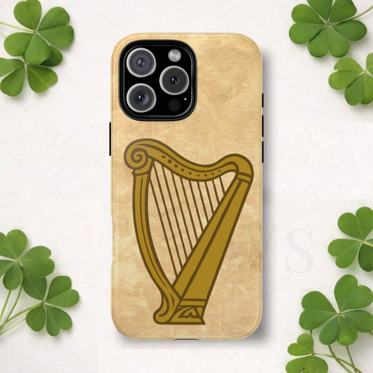 Irish Harp Tough Phone Case Manuscript Celtic Ireland Heritage Symbol Compatible with iPhone 17 16 15 14 13 12 11 Pro Max Galaxy Google Pixel