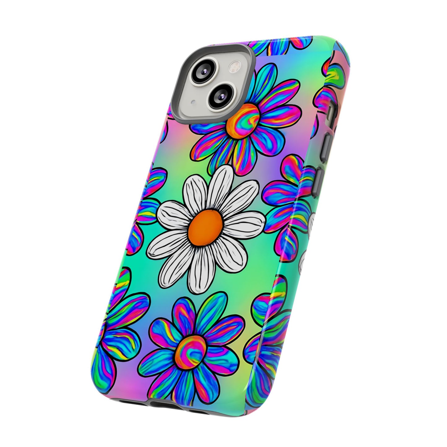 Trippy Daisy Tough Phone Case - Psychedelic Floral Design, Colorful Retro Aesthetic, Compatible with iPhone, Galaxy, and Google Phones