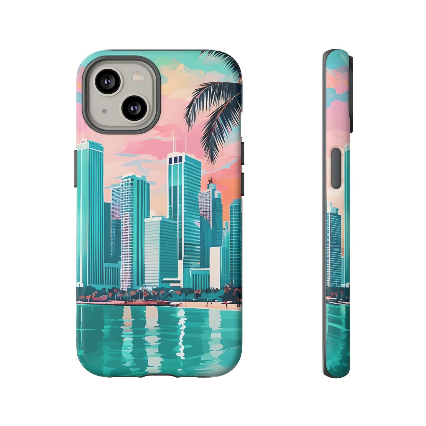 Miami Cityscape Phone Case - Tropical Skyline Tough Case, Sunset Beach Urban Art, Gift for Travelers Compatible with iPhone, Galaxy, Google