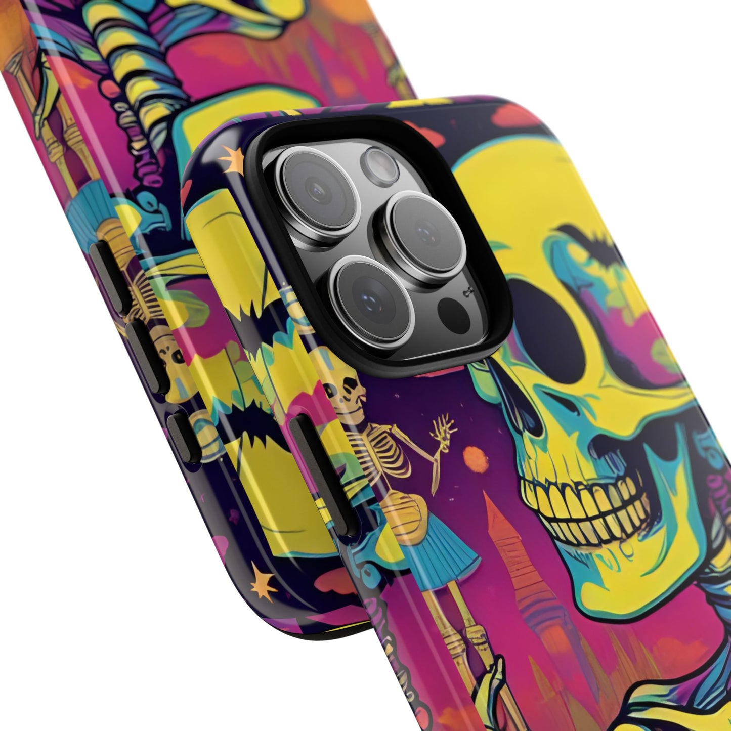 Summerween Neon Skeleton Phone Case, Retro Halloween Aesthetic Phone Cover, Bright Spooky Skull Case, Psychedelic Goth Fall Accessory