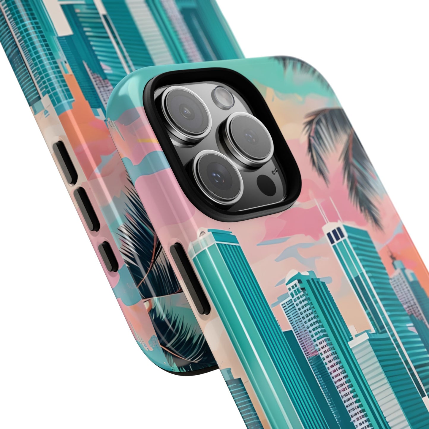 Cityscape Tough Phone Case, Miami Skyline Phone Cover, Watercolor Design Compatible with iPhone, Galaxy & Google