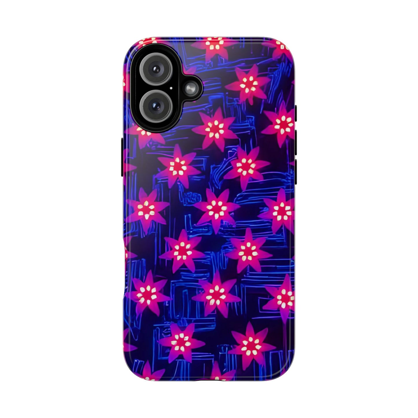Neon Flower Tough Phone Case - Trippy Dark Floral Art, Electric Glow Aesthetic, Compatible with iPhone, Galaxy, and Google Phones