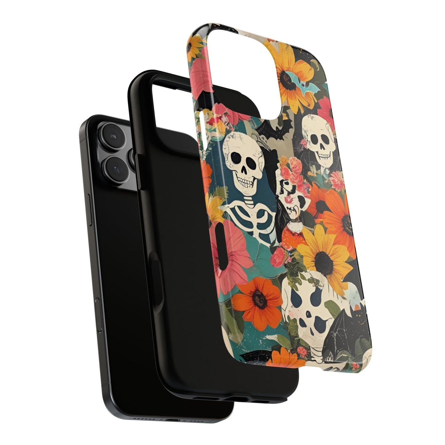 Summerween Skull Phone Case, Halloween Floral Skeleton Phone Cover - Pumpkin Goth Aesthetic Case, Spooky Fall Accessory, Floral Horror Gift