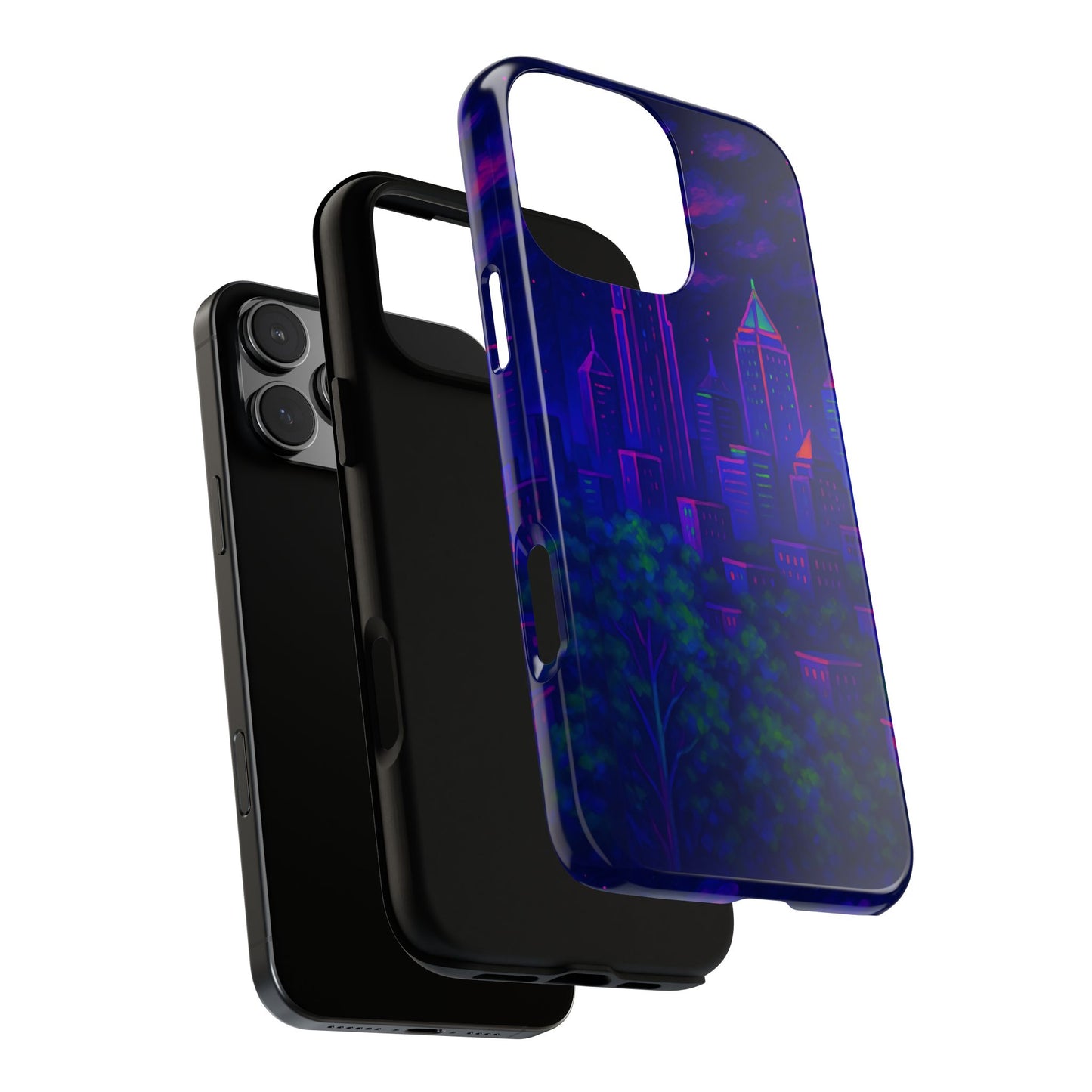Cityscape Tough Phone Case, Atlanta Skyline Phone Cover, Neon Night Design Compatible with iPhone, Galaxy & Google