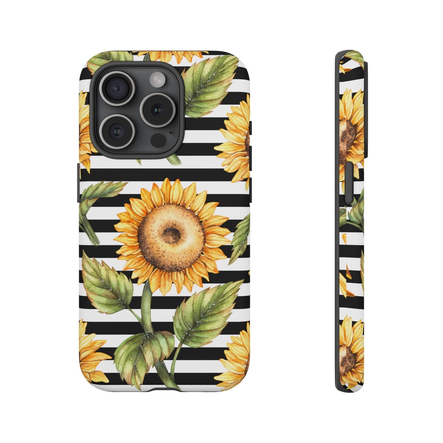Sunflower Tough Phone Case - Bold Yellow Floral Art, Black and White Striped Aesthetic, Compatible with iPhone, Galaxy, and Google Phones