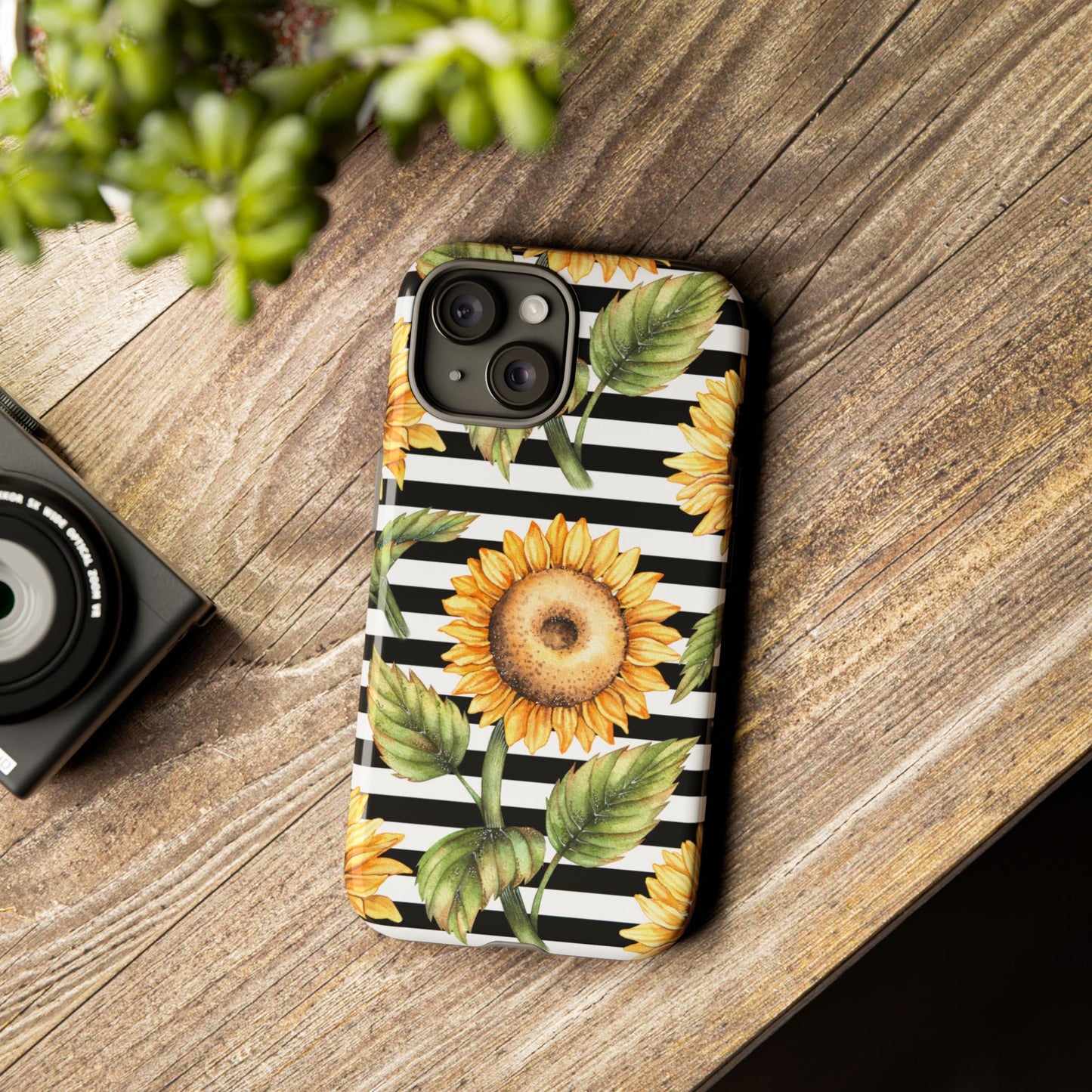 Sunflower Tough Phone Case - Bold Yellow Floral Art, Black and White Striped Aesthetic, Compatible with iPhone, Galaxy, and Google Phones