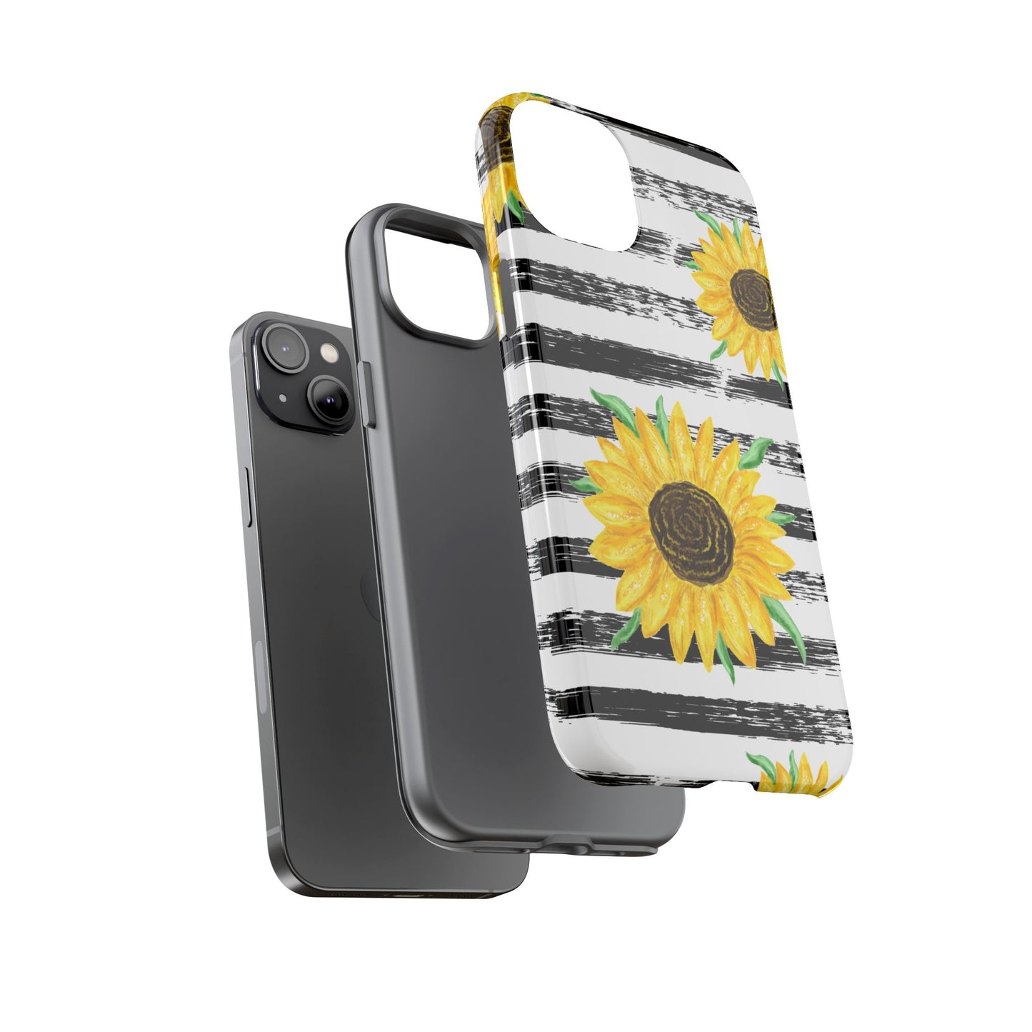 Sunflower Tough Phone Case - Bright Yellow Floral Art, Black and White Striped Aesthetic, Compatible with iPhone, Galaxy, and Google Phones
