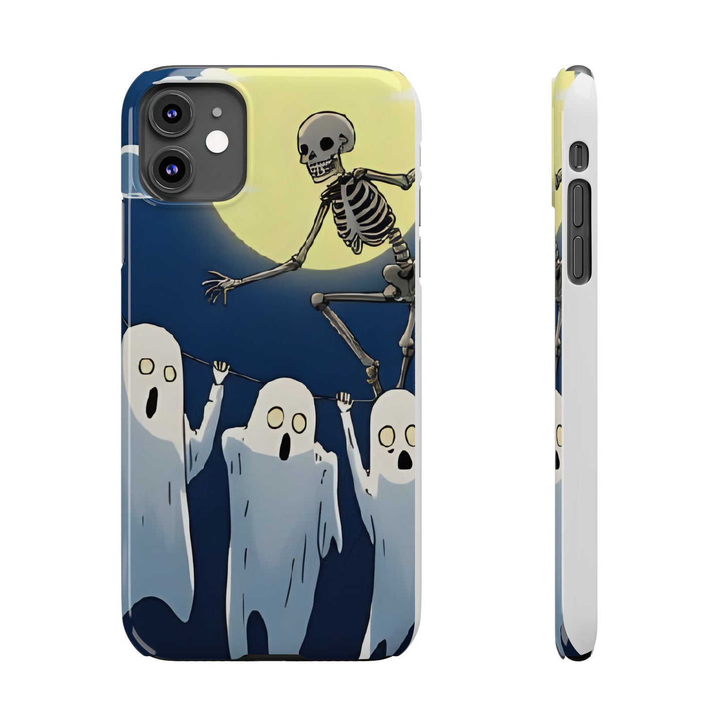 Jumping Skeleton Slim Phone Case - Halloween Aesthetic, Creepy Cute Ghost Cartoon Style, Compatible with iPhone, Galaxy, and Google Phones