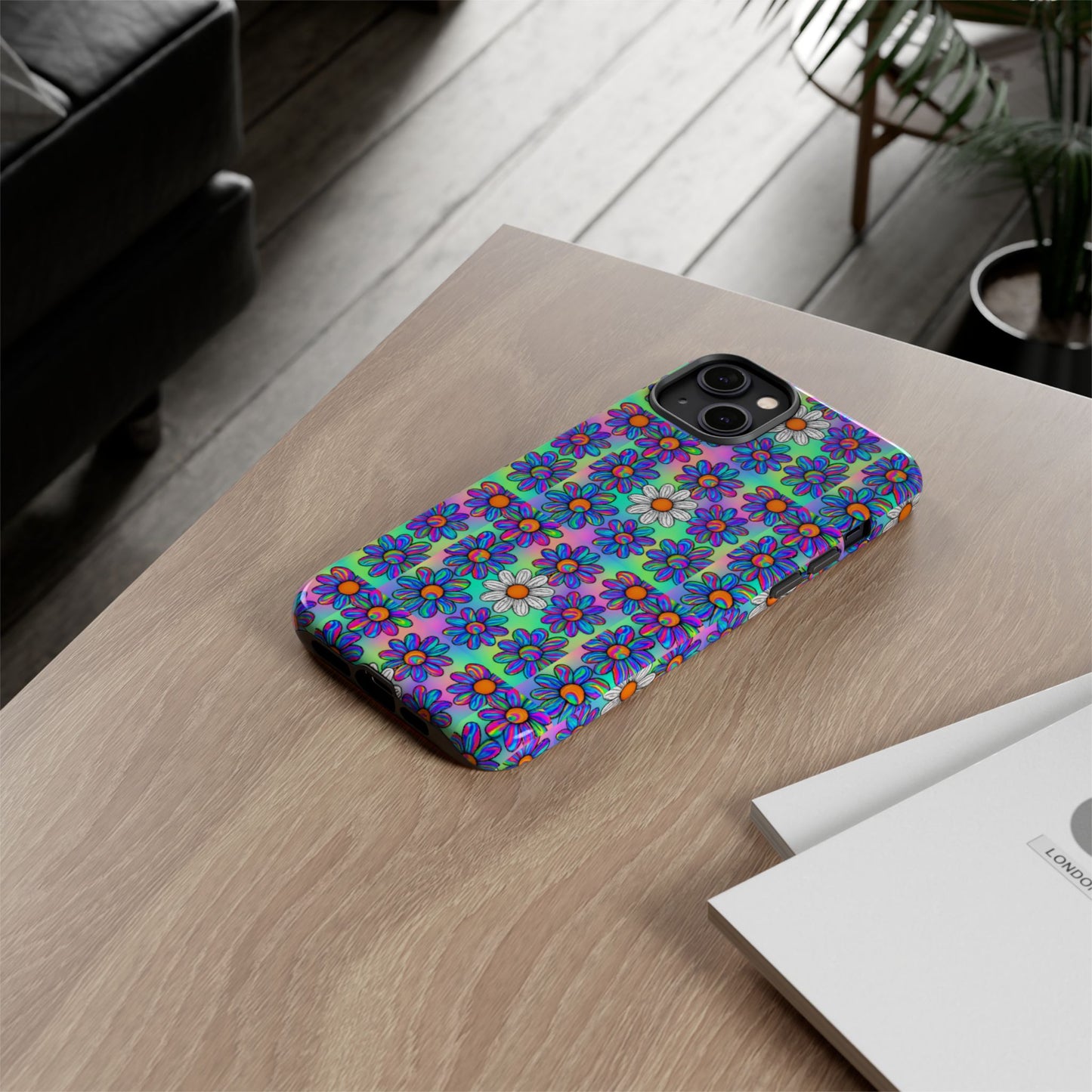 Trippy Daisy Tough Phone Case - Psychedelic Floral Aesthetic, Colorful Groovy Design, Compatible with iPhone, Galaxy, and Google Phones