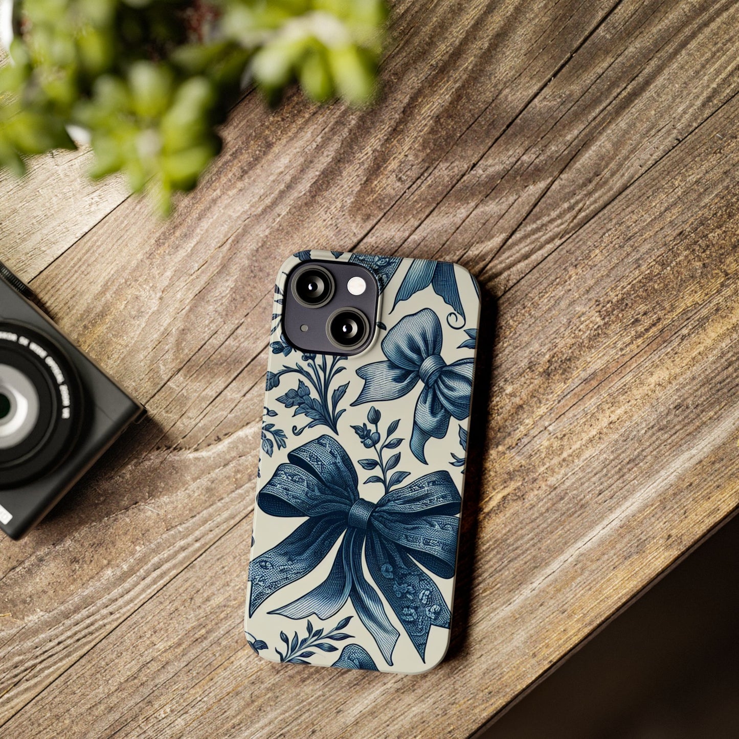 Elegant Floral Bow Slim Phone Case, Blue Flower Phone Cover, Gift for Her, Stylish Tech Accessory, Wedding Gift, Floral Design