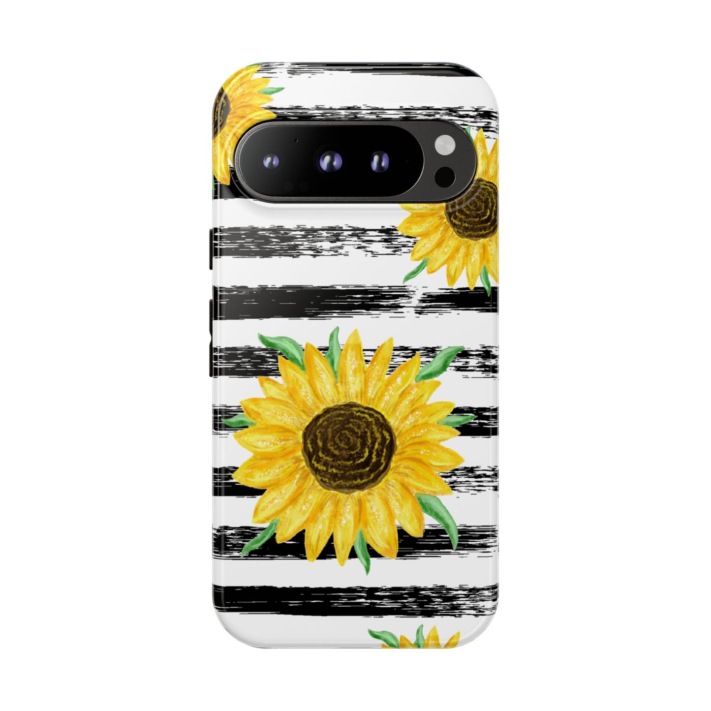 Sunflower Tough Phone Case - Bright Yellow Floral Art, Black and White Striped Aesthetic, Compatible with iPhone, Galaxy, and Google Phones