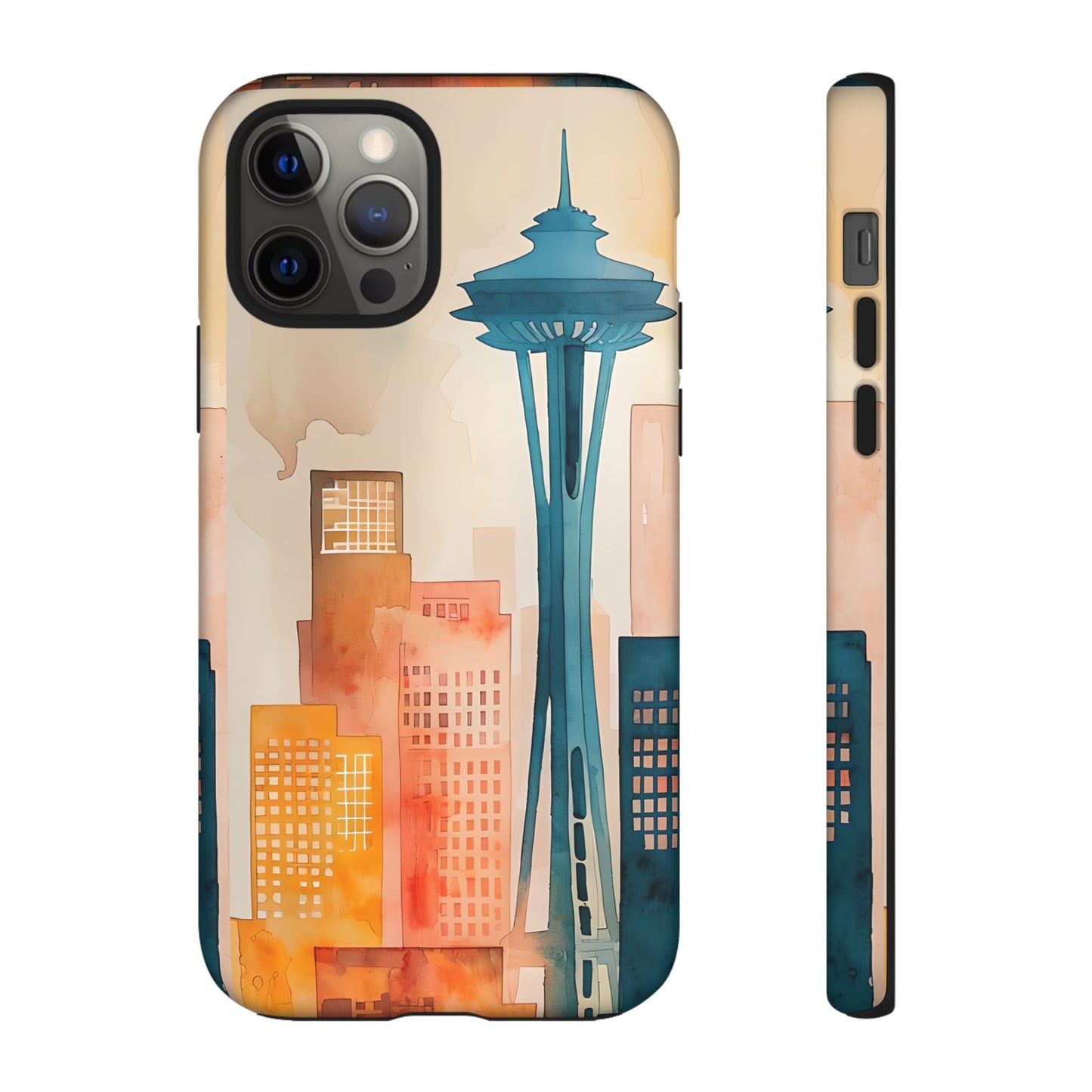 Seattle Cityscape Phone Case - Urban Skyline Art Tough Case, Watercolor City Aesthetic, Compatible with iPhone, Galaxy, Google Phones