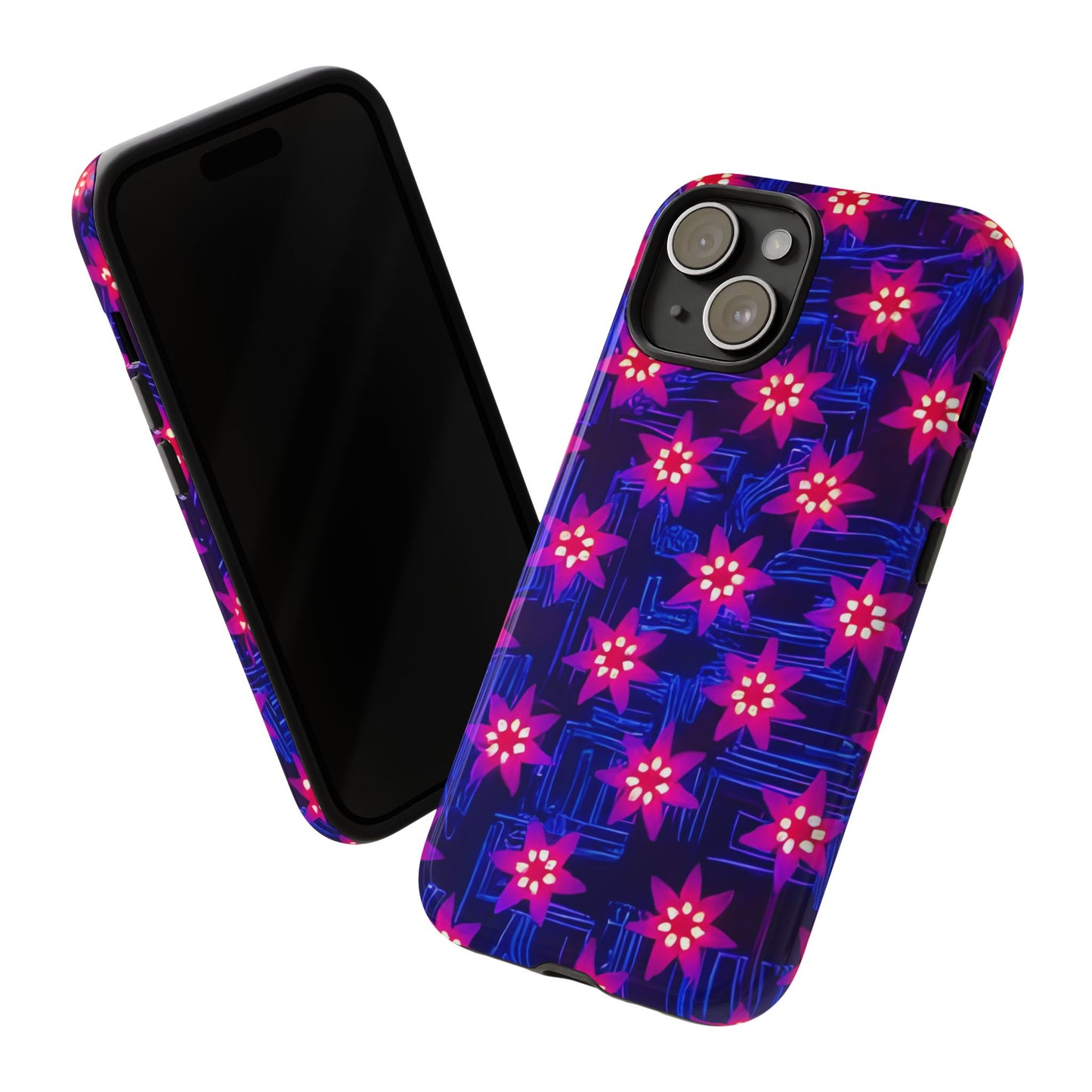 Neon Flower Tough Phone Case - Trippy Dark Floral Art, Electric Glow Aesthetic, Compatible with iPhone, Galaxy, and Google Phones