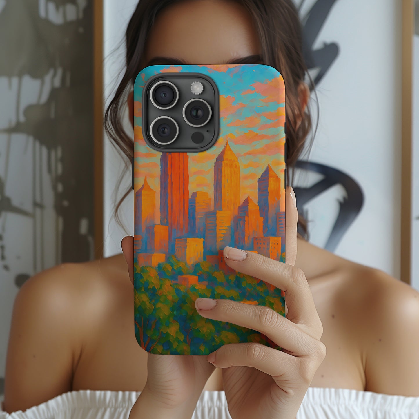 Cityscape Tough Phone Case, Atlanta Skyline Phone Cover, Sunset Glow Design Compatible with iPhone, Galaxy & Google