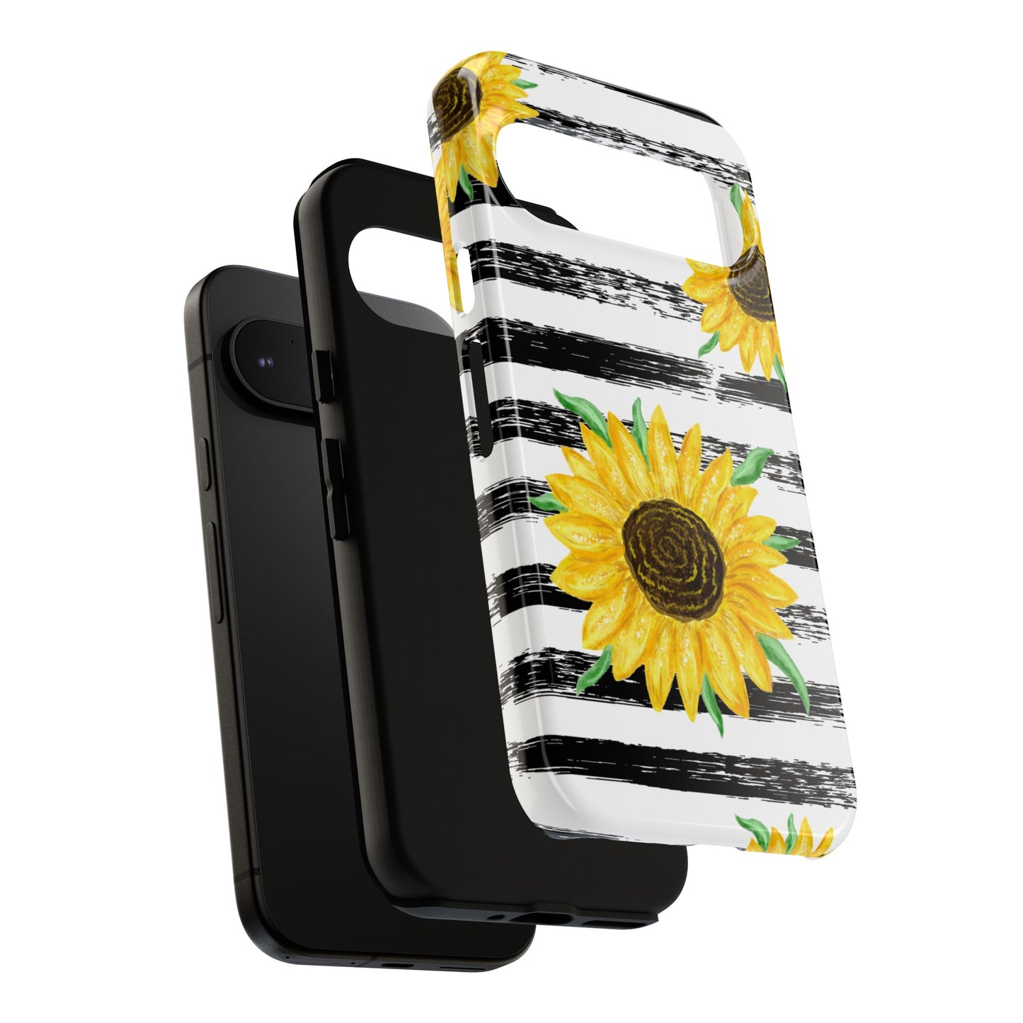 Sunflower Tough Phone Case - Bright Yellow Floral Art, Black and White Striped Aesthetic, Compatible with iPhone, Galaxy, and Google Phones