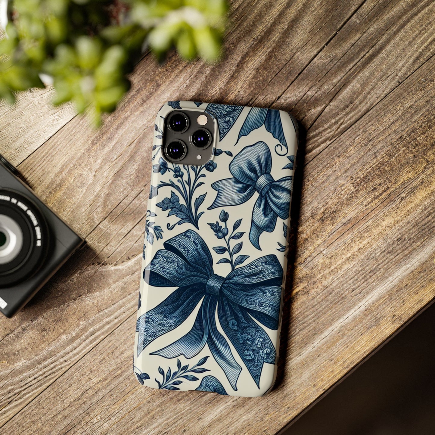 Elegant Floral Bow Slim Phone Case, Blue Flower Phone Cover, Gift for Her, Stylish Tech Accessory, Wedding Gift, Floral Design