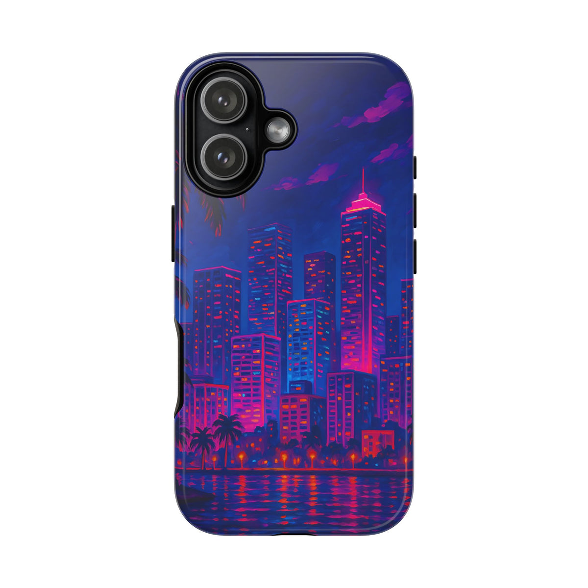 Cityscape Tough Phone Case, Miami Skyline Phone Cover, Neon Night Design Compatible with iPhone, Galaxy & Google