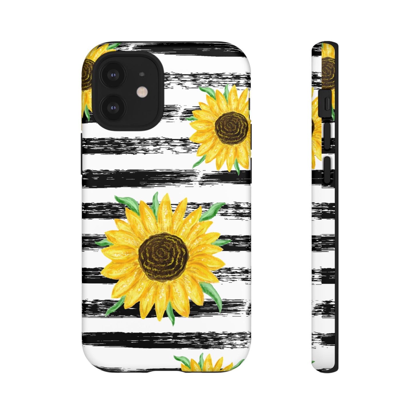 Sunflower Tough Phone Case - Bright Yellow Floral Art, Black and White Striped Aesthetic, Compatible with iPhone, Galaxy, and Google Phones
