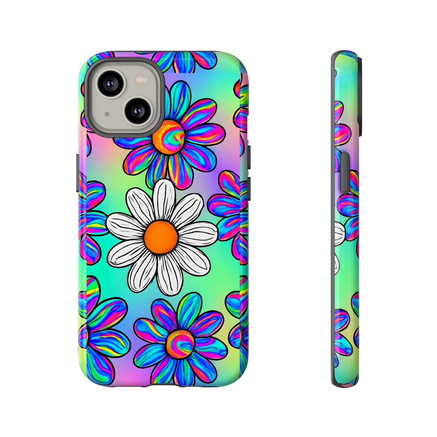 Trippy Daisy Tough Phone Case - Psychedelic Floral Design, Colorful Retro Aesthetic, Compatible with iPhone, Galaxy, and Google Phones