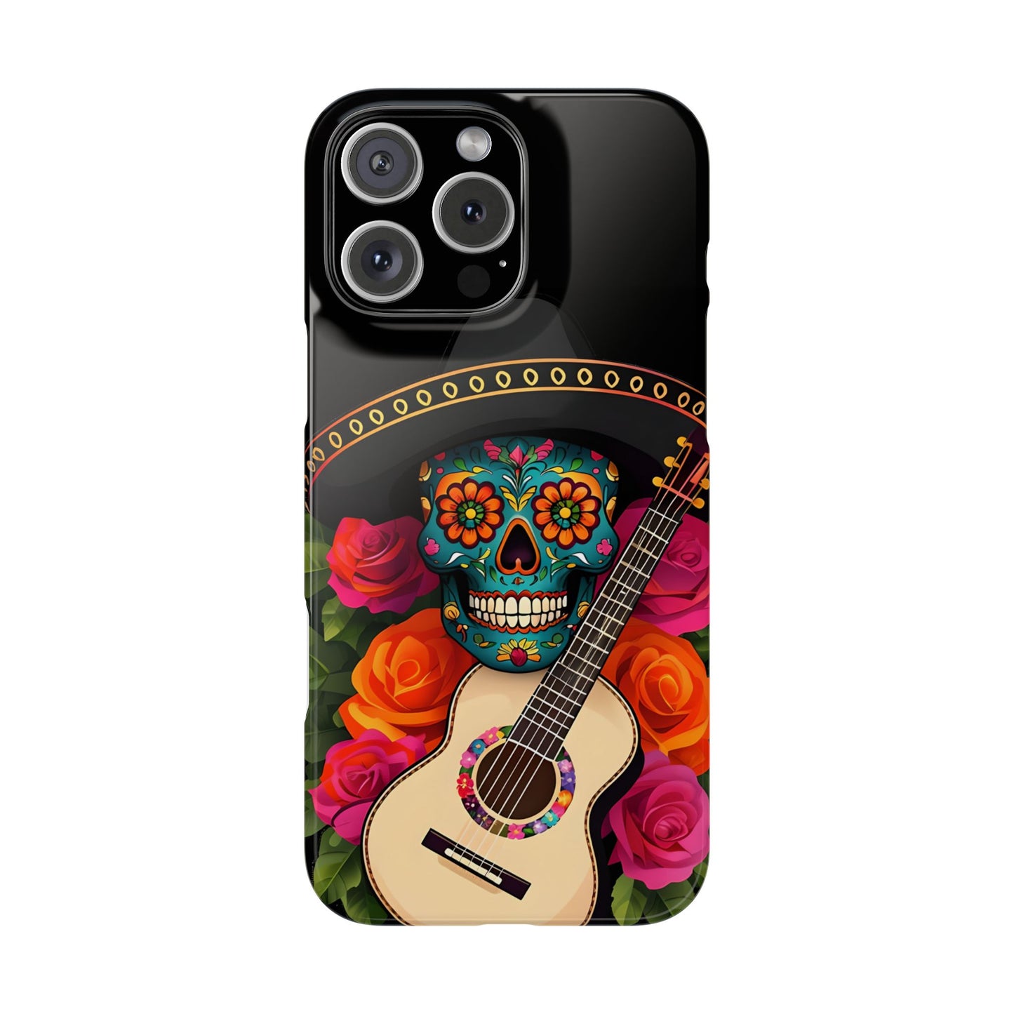 Mariachi Skull Slim Phone Case, Colorful Folk Aesthetic, Halloween Floral Skull Design, Gift for Mexican Culture Lovers