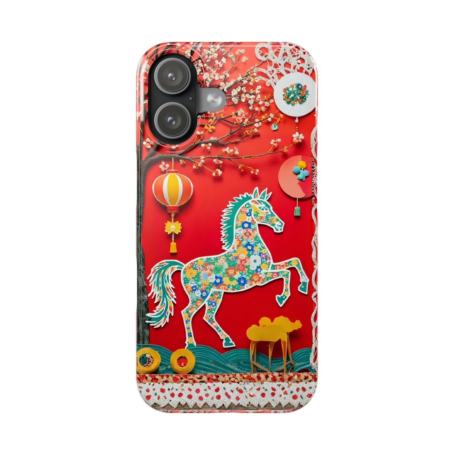Year of the Horse Slim Phone Case, Flower Art Chinese Zodiac 2026 Design, compatible with iPhone 17 16 15 14 13 12 11
