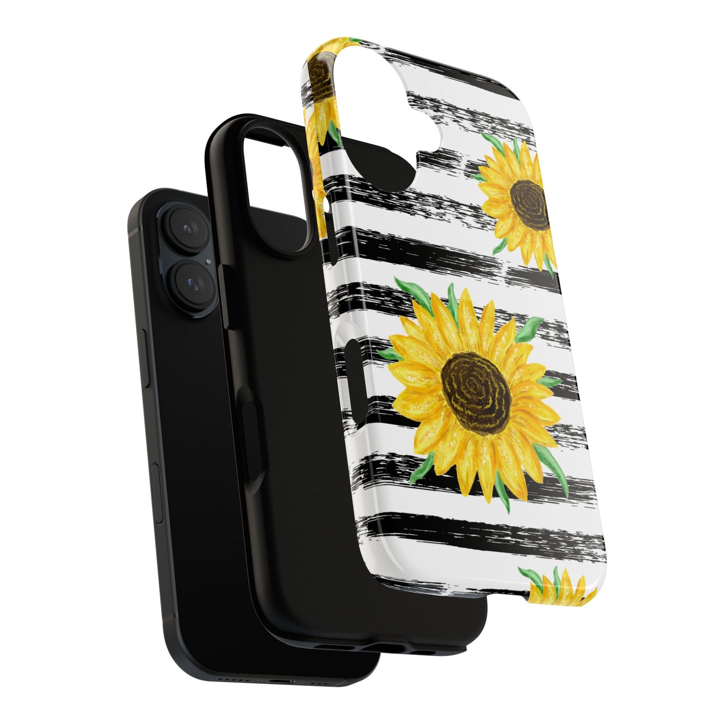 Sunflower Tough Phone Case - Bright Yellow Floral Art, Black and White Striped Aesthetic, Compatible with iPhone, Galaxy, and Google Phones
