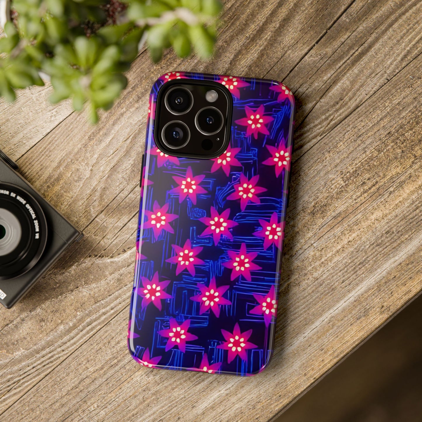 Neon Flower Tough Phone Case - Trippy Dark Floral Art, Electric Glow Aesthetic, Compatible with iPhone, Galaxy, and Google Phones